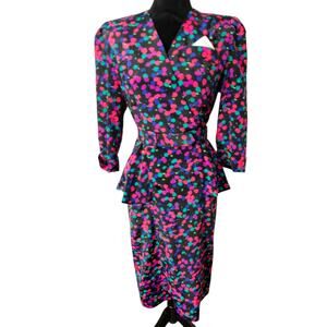 Vintage Liz Petite Neon Multi Color Floral Peplum Dress Size 4